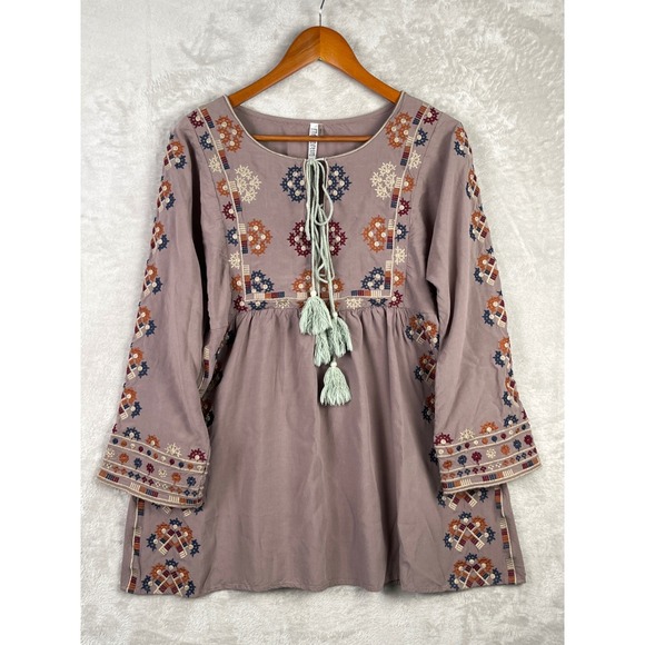 Monoreno Tops - Womens Boho Embroidered Tunic Top Dress Small Gray Monoreno Long Sleeve Festival